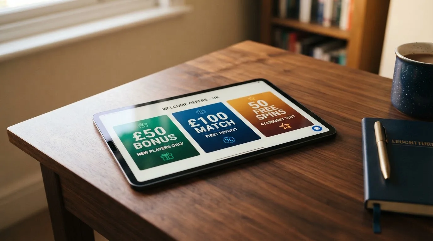 A tablet showing several casino welcome bonus banners lined up for comparison.