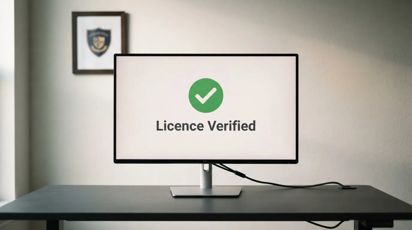 A licence certificate on a wall behind a review score displayed on a monitor.